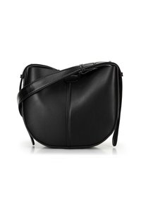 Black, curved handbag made of smooth leather with a detachable strap. Features minimal stitching and no visible hardware.