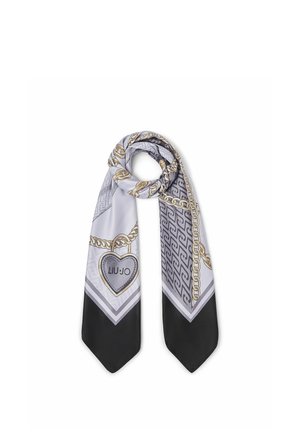 Sciarpa di seta con motivo geometrico nero, grigio e bianco, design a catena dorata e pendente a forma di cuore con scritta "LIU JO".