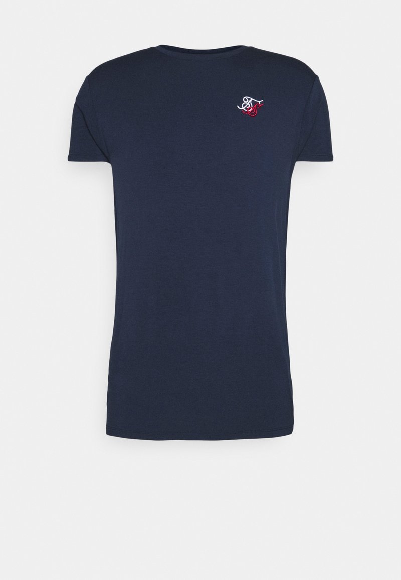 T-shirt blu navy a maniche corte realizzato in morbido cotone, con un piccolo logo ricamato in rosso e bianco sul lato sinistro del petto.
