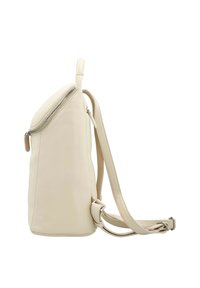 Cream leather backpack with a rounded shape, a top zipper closure, and adjustable straps; smooth texture with a subtle sheen.
