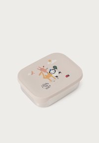 Rektangulær matboks laget av lysbeige materiale med en jevn tekstur, som har lekne dyreillustrasjoner og en dekorativ frase.