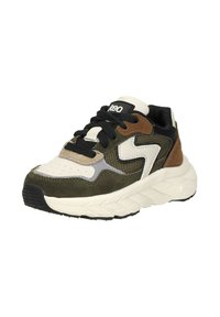 Sneakers met een mix van suede en mesh in groen, bruin, zwart en wit. Voorzien van een dikke zool, een ronde neus en contrasterende patronen. Zwarte veters.