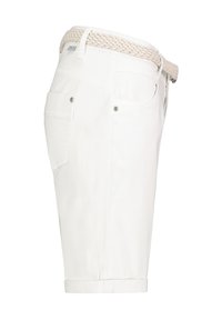 White cotton shorts featuring a braided belt, rolled cuffs, side and back pockets, and metal button accents. Smooth texture, casual design.