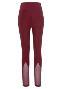 Burgunderfarbene Leggings mit strukturiertem, Wabenmuster; hoher Taillenbund; Netzeinsätze an den Waden; figurbetontes Design. Weicher und dehnbarer Stoff.