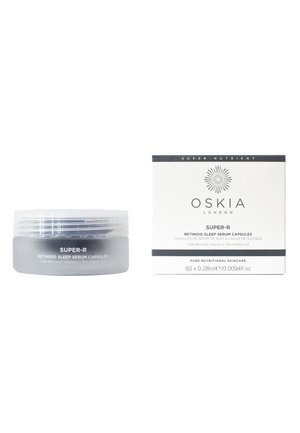 Pot de capsules de sérum de nuit au rétinoïde OSKIA London Super-R et boîte blanche avec texte noir, contenant 60 capsules de 0,28 ml chacune.