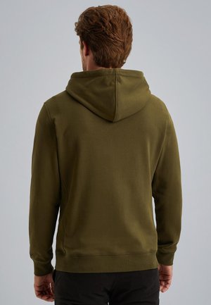 Olive green hoodie, cotton blend material, features a hood, long sleeves, and ribbed cuffs and hem. Smooth texture with minimal stitching.