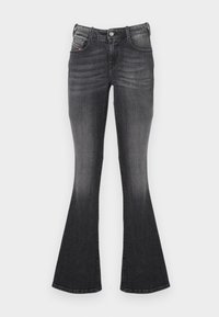 Σκουρογκρι φουσκωτά τζιν με ξεθωριασμένες λεπτομέρειες, κουμπί μπροστά, θηλιές για ζώνη και στυλ με πέντε τσέπες.