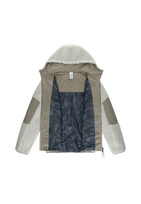 Beige isolerad jacka med en mjuk fleeceutsida, slät foder och huva. Insidan har ett strukturerat mörkt mönster. Dragkedjestängning.