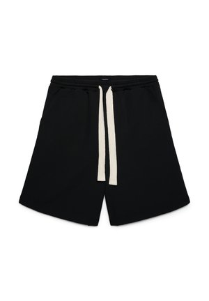 Shorts neri in cotone con vita elasticizzata, dotati di coulisse a contrasto di colore beige chiaro. Texture liscia, lunghezza sopra il ginocchio, design semplice.