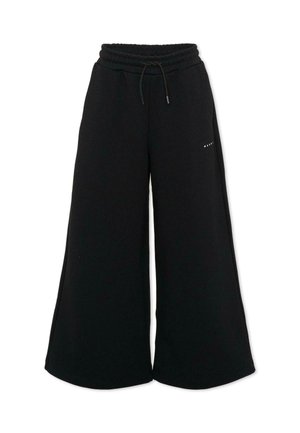 Zwarte sweatpants met wijde pijpen, elastische tailleband en trekkoord, klein wit logo op de bovenste linker dij.