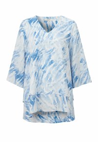 Ljusblå tunika med v-ringning, trekvartslånga ärmar och lager av fåll. Har ett mönster av akvarellvågor i varierande blå nyanser.