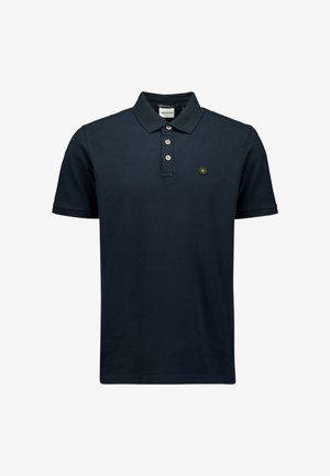 Donkerblauwe polo gemaakt van katoen, met een drieknops sluiting en een klein hexagonaal logo op de linkerborst. Egaal oppervlak.