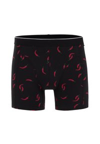 Melni bokseršorti ar atkārtotu sarkano čili piparu rakstu. Elastīga jostasvieta ar maigu pelēku svītru. Mīksta, izstiepjama auduma.