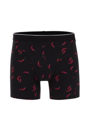 Boxer-briefs noirs avec un motif répétitif de piments rouges. Ceinture élastique avec une subtile bande grise. Tissu doux et extensible.