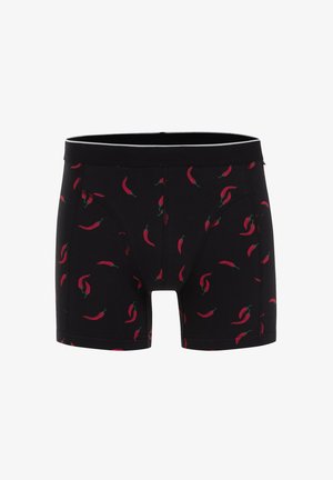 Bóxer negro con un patrón repetido de pimientos rojos. Cintura elástica con una suave raya gris. Tela suave y elástica.