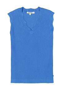 Blauer ärmelloser Pullover mit V-Ausschnitt und gerippter Textur. Mit gewellten Kanten am Halsauschnitt, in durchgehend einfarbiger Ausführung.