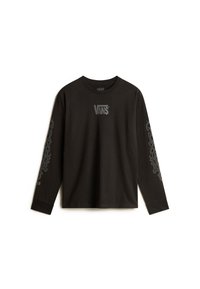 Schwarzes T-Shirt aus Baumwolle mit langen Ärmeln, das das Vans-Logo auf der Brust und ein strukturiertes Grafikdesign entlang der Ärmel zeigt.