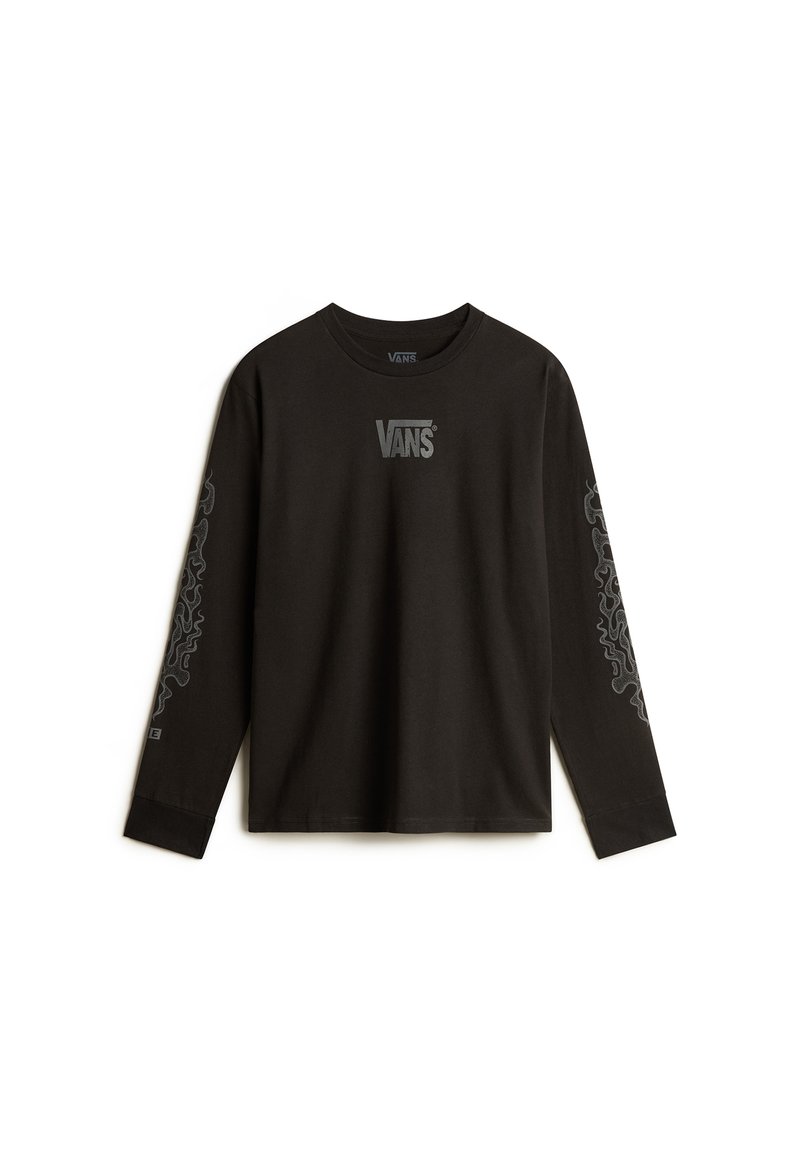 Schwarzes T-Shirt aus Baumwolle mit langen Ärmeln, das das Vans-Logo auf der Brust und ein strukturiertes Grafikdesign entlang der Ärmel zeigt.
