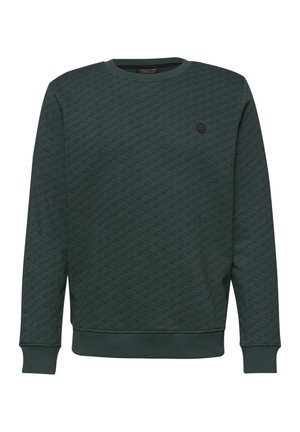 Dunkelgrünes Sweatshirt mit Rundhalsausschnitt, feinem Rautenmuster, gerippten Bündchen und Saum sowie einem kleinen runden Logo auf der linken Brust.