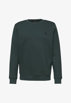 Ciemnozielona bluza z okrągłym dekoltem, z subtelnym wzorem diamentowym, ściągaczami na mankietach i dole oraz małym, okrągłym logo na lewej piersi.