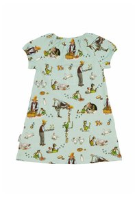 Vaaleansininen lyhythihainen mekko, jossa on kuvio maalaistaloista eri eläinten ja maanviljelijöiden kanssa. Mekko on valmistettu pehmeästä kankaasta ja siinä on kerätty pääntie.