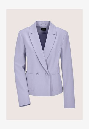 Lavendelkleurig colbert met dubbele knoopsluiting, notched revers, twee voorzakken en een gladde textuur. Getailleerde pasvorm en lange mouwen.