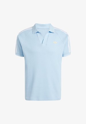 Light blue polo shirt with a textured knitted pattern, a pointed collar, and white three-stripe accents on the sleeves. Small logo on the chest.