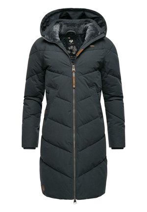 Dark grey puffer coat with a hood, featuring a quilted design, front zipper, two side pockets, and textured lining. Includes a logo accent.