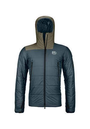 Puffer jacket with a dark blue body, olive green upper section, adjustable hood, black zippers, and two front pockets. Textured fabric.