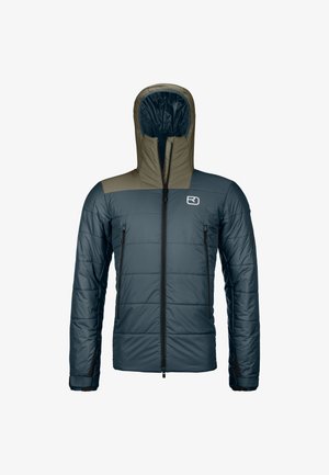 Puffer jacket with a dark blue body, olive green upper section, adjustable hood, black zippers, and two front pockets. Textured fabric.