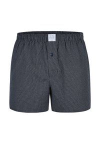 Pantaloni boxer con un motivo a scacchi blu e bianchi, dotati di una cintura elastica, un bottone anteriore e una vestibilità comoda. Materiale in cotone.