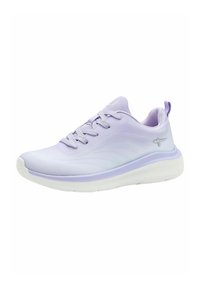 Light purple athletic shoe with a smooth upper, contrasting white sole, and textured lace area; features ridged detailing on the side.