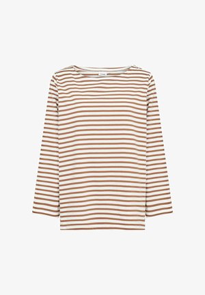 Garām piedurknēm apģērbs ar horizontālām brūnām un baltām svītrām, apaļu kakla izgriezumu un brīvi pieguļošu silta kokvilnas auduma dizainu.