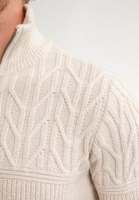 Maglione lavorato a maglia in beige chiaro con colletto alto e un motivo a foglia testurizzato. Il tessuto presenta dettagli a costine e una chiusura con zip.