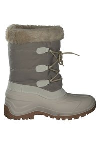 Zimowe buty z beżową, wodoodporną częścią dolną i szarym materiałowym cholewką, z futrzanym mankietem, trzema regulowanymi paskami oraz teksturowaną podeszwą.