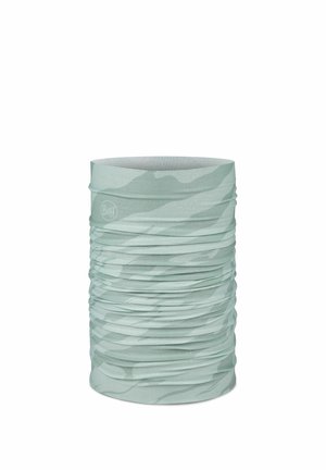 Hellgrüner, zylindrischer Stoff-Nackenschlauch mit Camouflage-Muster und dezentem Buff-Markenlogo.