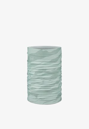 Hellgrüner, zylindrischer Stoff-Nackenschlauch mit Camouflage-Muster und dezentem Buff-Markenlogo.