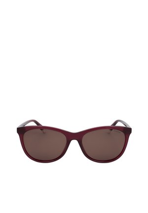 Occhiali da sole rettangolari con lenti marrone scuro e montatura in plastica bordeaux lucida.