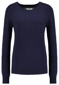 Pull en maille bleu marine à manches longues, col rond et ourlet côtelé. Texture douce, coupe ajustée, adapté pour une tenue décontractée.