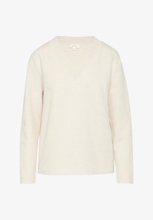 Cremfarbener V-Ausschnitt-Pullover aus weichem Material, mit langen Ärmeln und einem gerippten Kragen. Schlichte, glatte Textur ohne Muster oder Akzente.