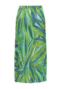 Gonna plissettata con un vivace motivo di foglie verdi e blu, realizzata in tessuto leggero con una vita elastica.