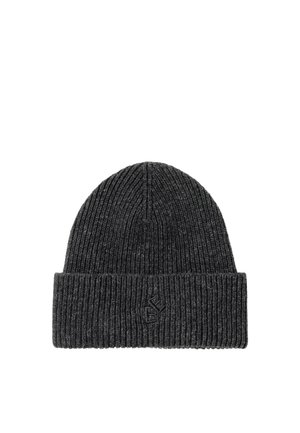 Gorro de punto acanalado en gris oscuro con puño doblado y pequeño logo bordado en el centro delantero del puño.