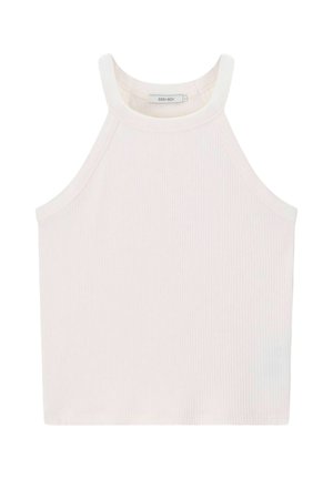 Crop top blanc en côte sans manches avec col haut style halter et étiquette de marque à l'intérieur du col.