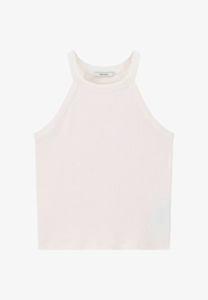 Crop top blanc en côte sans manches avec col haut style halter et étiquette de marque à l'intérieur du col.