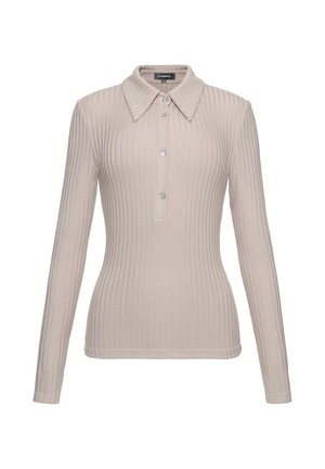 Tricou polo bej cu mâneci lungi, cu dungi, guler ascuțit și fenta cu trei nasturi, croială mulată.