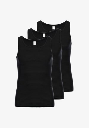 Trzy czarne topy na ramiączkach z prążkowanej tkaniny i klasycznym dekoltem w kształcie łódki. Każdy top ma dopasowaną metkę po wewnętrznej stronie.