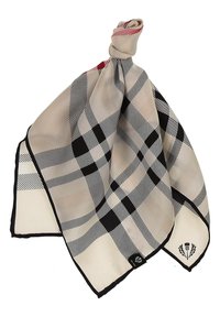 Beige silkkihuivi, jossa on mustavalkoinen ruutukuviot, musta reunus ja pieni logo kulmassa.