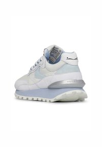White and light blue sneaker with leather and suede materials, textured detailing, rounded shape, and a silver logo accent on the heel.
