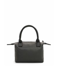 Borsa in nylon grigia con accenti in pelle nera, manici arrotondati, forma rettangolare e cerniere ai lati per ulteriore spazio di stoccaggio.