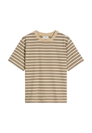 T-shirt à manches courtes à rayures horizontales beige et marron avec un col rond, présenté sur un fond blanc.